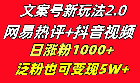 文案号新玩法：网易热评+抖音文案 一天涨粉1000+ 多种变现模式 泛粉也可变现